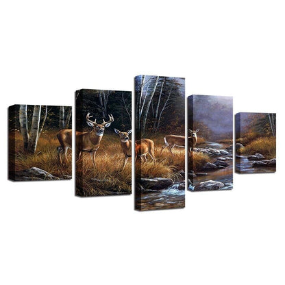 Deers Elks Forest Trees River Sunset Canvas Prints Painting Wall Art Decor 5PCS