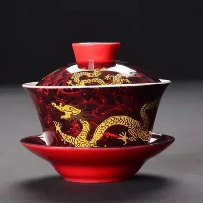 Longjing Sancai Tea Cup Retro Chinese Style Covered Bowl Large Dragon 200ml