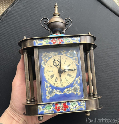 Chinese Old Cloisonne Brass Retro Disc Mechanical Clock Crafts Working