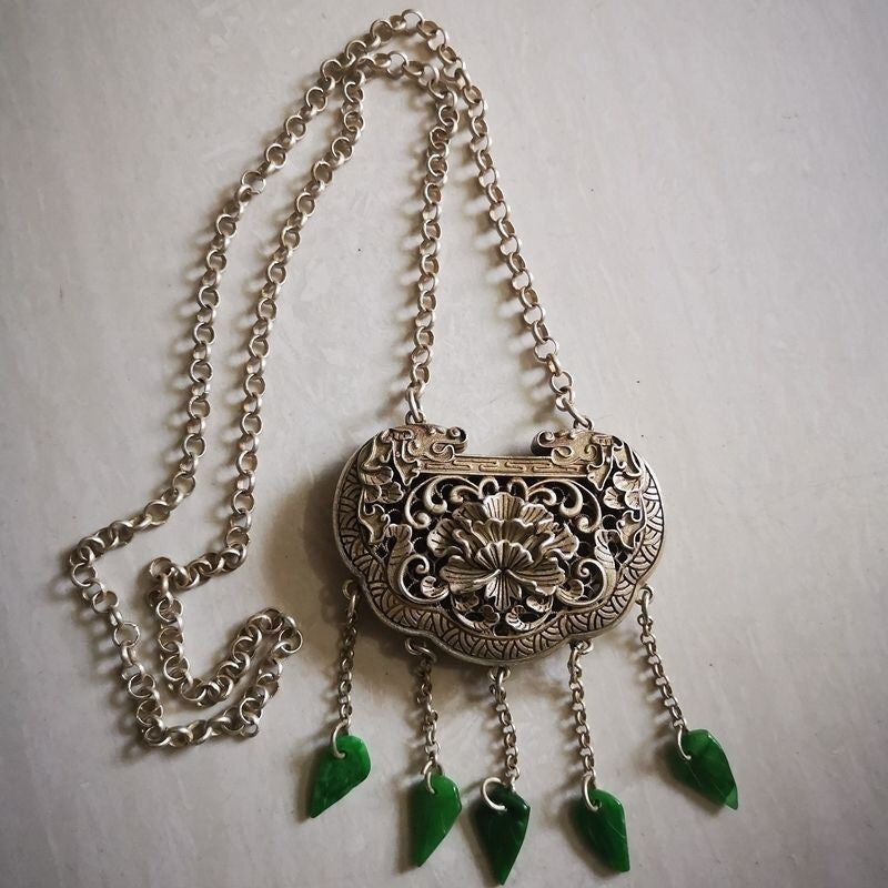 Vintage Hollow Silver Lock Pendant Wealth Pattern Double Sided Antique Jewelry