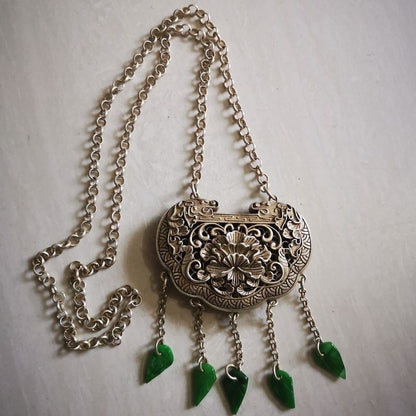 Vintage Hollow Silver Lock Pendant Wealth Pattern Double Sided Antique Jewelry