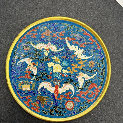 2pcs Vintage Qianlong Enamel Teacup Coaster 7.7cm Brass Collectible