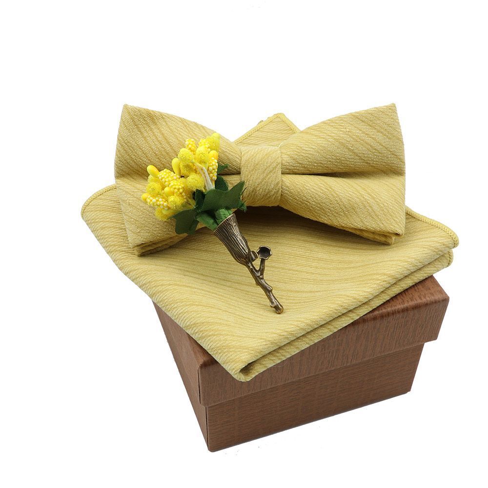 Men Bow Ties 3Pcs Cotton Handkerchief Flower Brooch Women Party Wedding Necktie