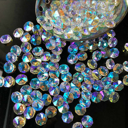 100PC AB Aurora Feng Shui Octagonal Bead Pendant Glass Faceted Prism Chandelier