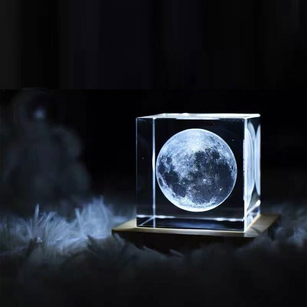 3D Moon Laser Etched Crystal Glass Cube LED Night Light Room Decor Creative Gift