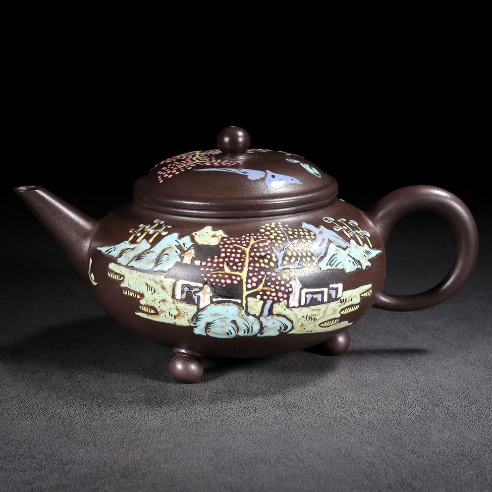 Vintage Chinese Yixing Purple Clay Teapot Zisha Painted Nice Landscape Teaware