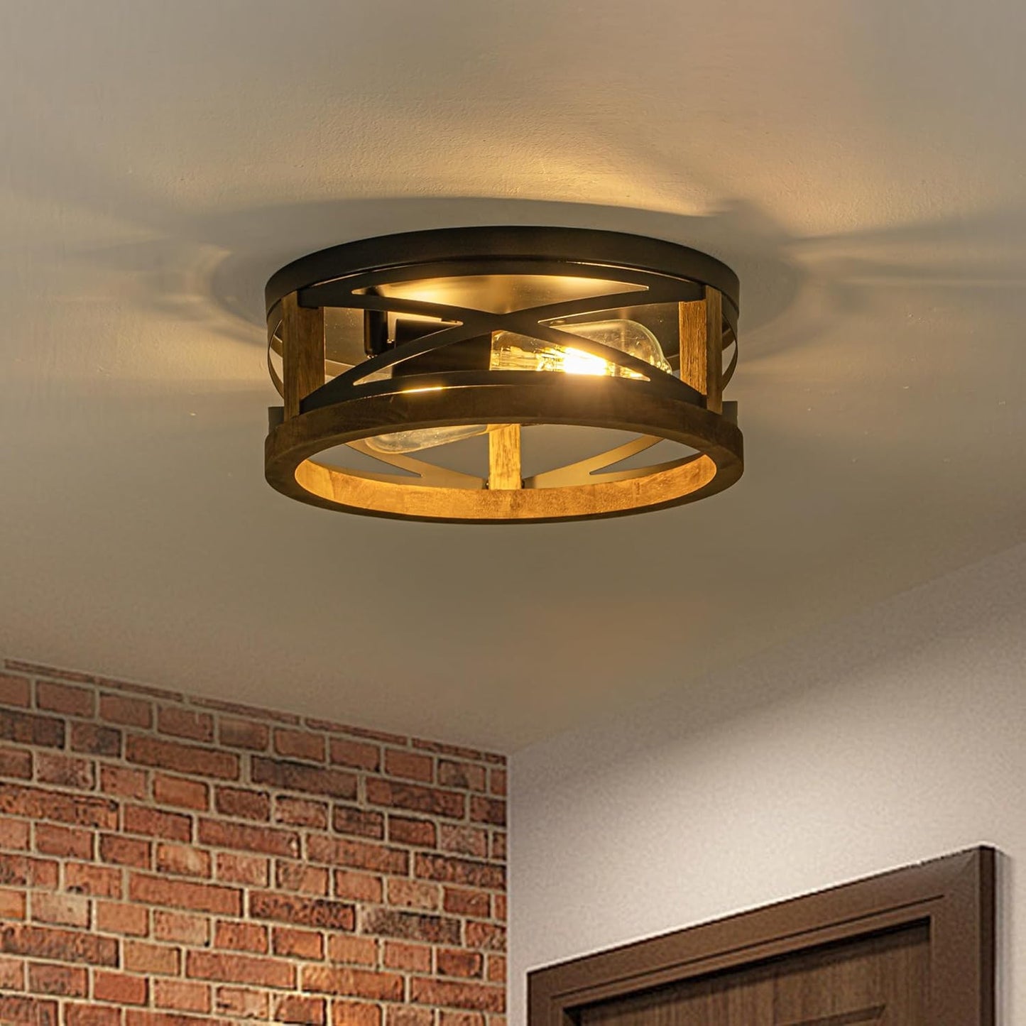 Farmhouse Ceiling Light, 2-Light round Flush Mount Ceiling Light with Wood and M