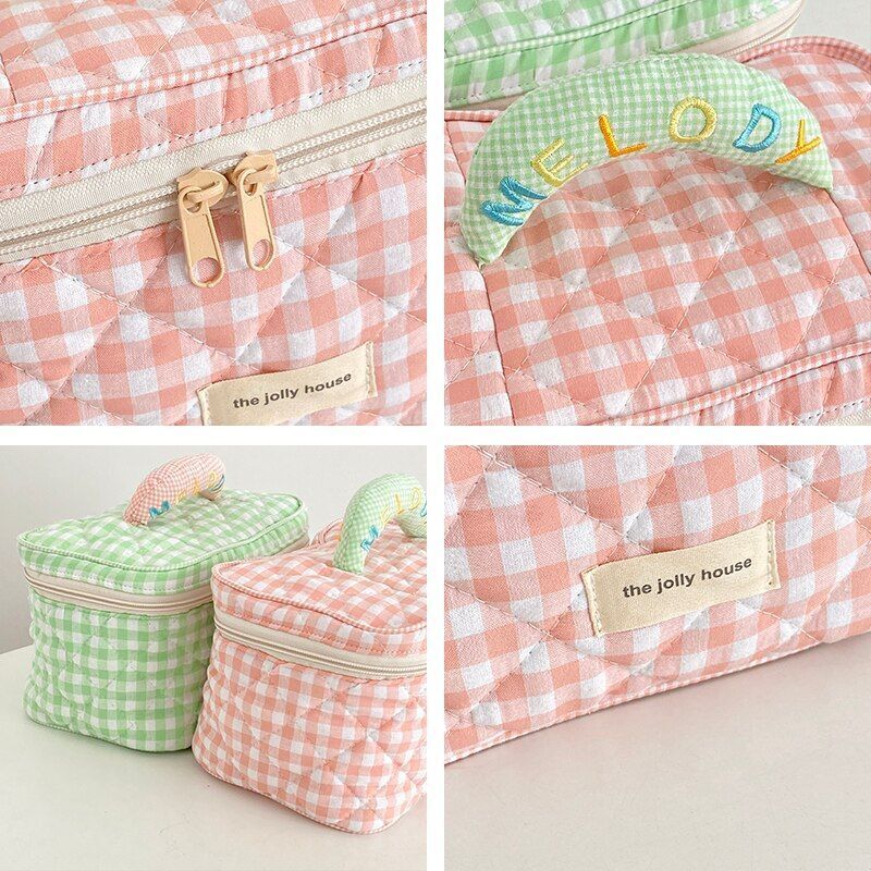 Plaid Pattern Bag Toiletries Case Makeup Bag Zipp Cotton Cosmetics Storage Pouch