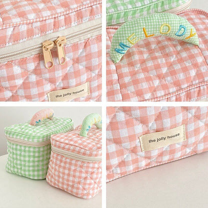 Plaid Pattern Bag Toiletries Case Makeup Bag Zipp Cotton Cosmetics Storage Pouch