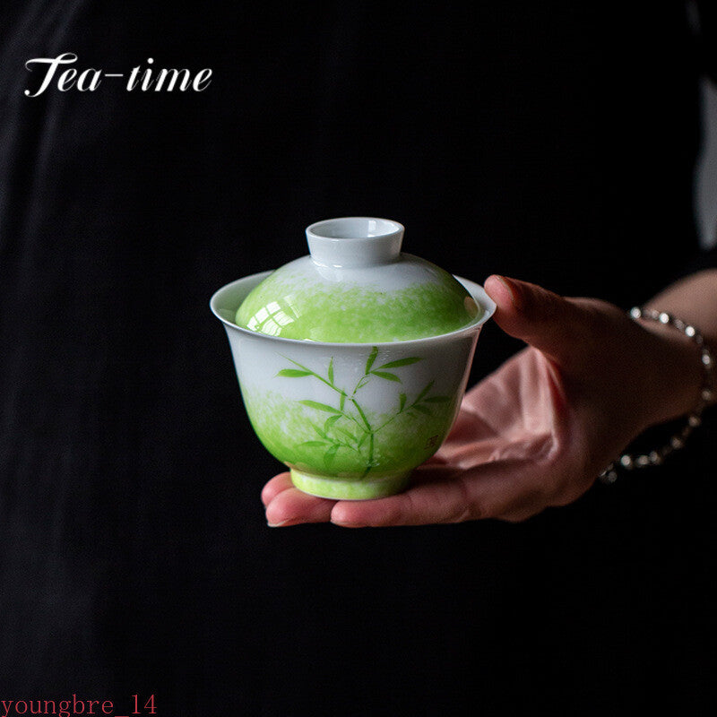 150ml Chinese Retro Grass Green Ceramic Tea Tureen Hand Painted Bamboo Tea Bowl