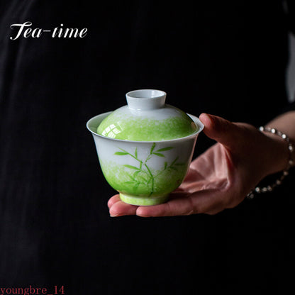 150ml Chinese Retro Grass Green Ceramic Tea Tureen Hand Painted Bamboo Tea Bowl