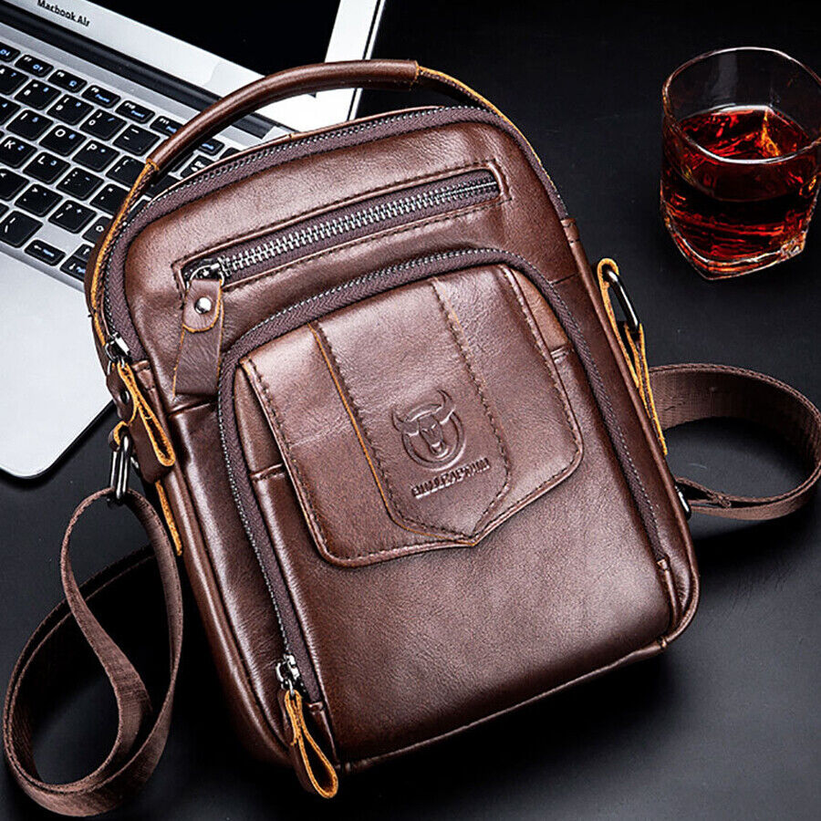 Men's Sling Shoulder Bag, Genuine Leather 8 inch Handbags Casual Messenger Bags