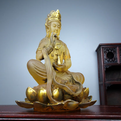 Collect China old Coloured glaze gilt carefully carve lotusbottle guanyin statue
