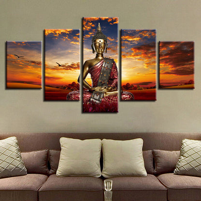 Sunset Buddha Meditation Statue Buddhism Canvas Print Painting Wall Art Decor 5P