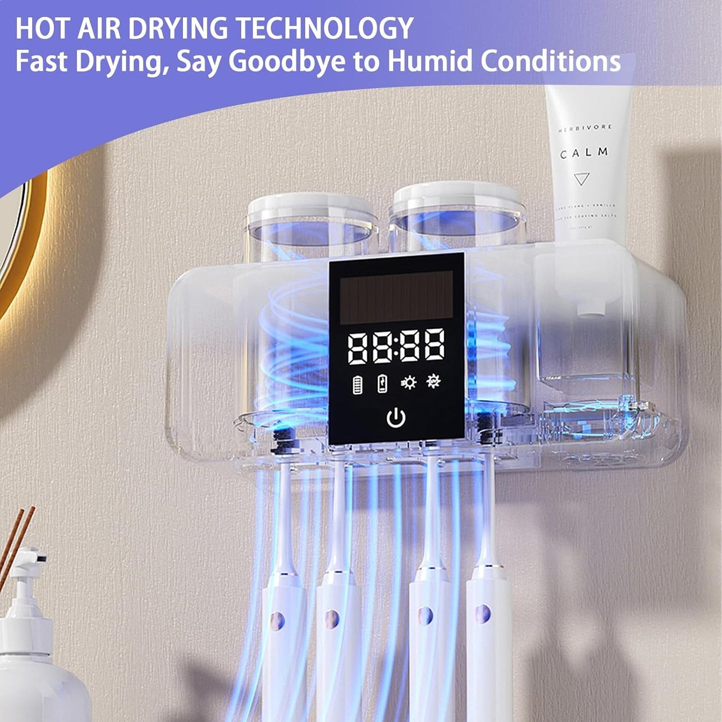 Smart Toothbrush Holder Wall Mounted, Solar Powered Toothbrush Stand Bathroom
