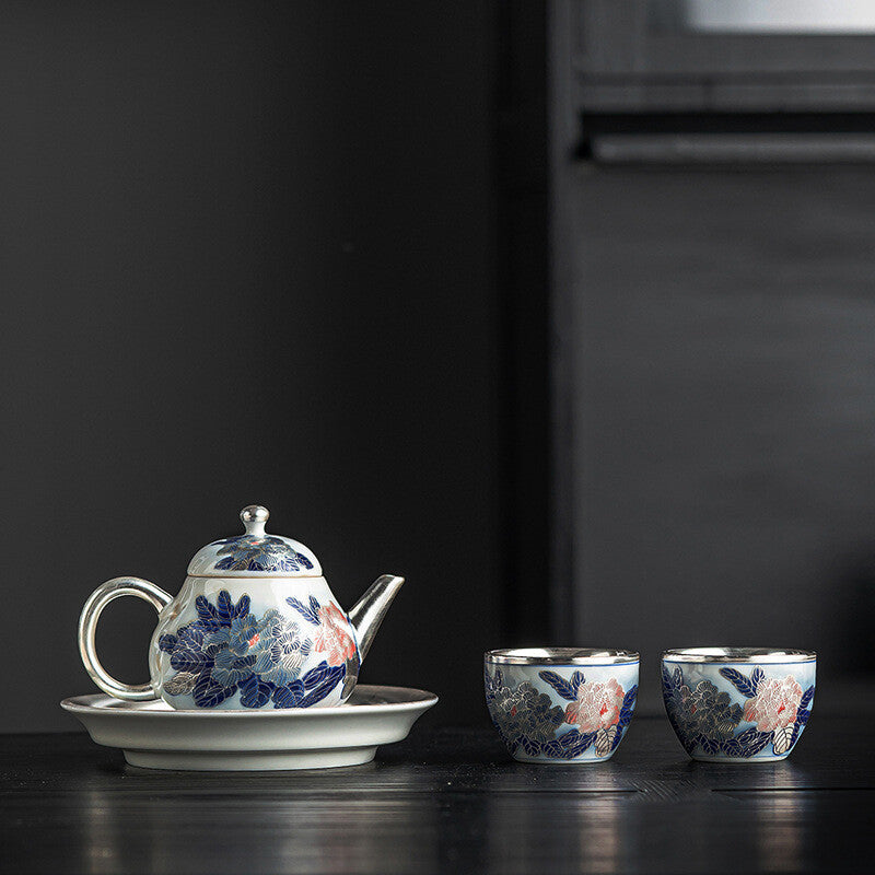Boutique Tea Set Ceramic Pure Silver Tea Pot Gaiwan Matching Tea Cup Handpainted