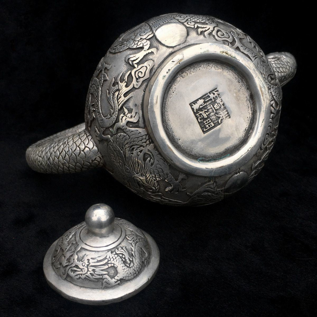 Vintage Chinese Silver Plated Copper Dragon Teapot Xuande Style 15cm