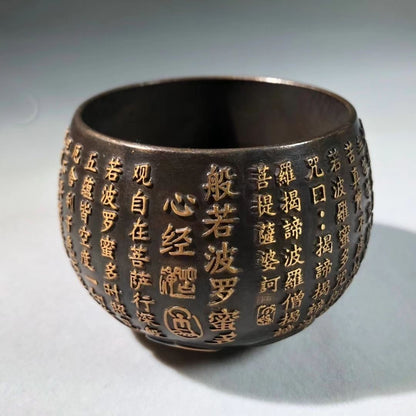Vintage Pure Brass Heart Sutra Bowl Guanyin Buddha Offering Plate Antique Bronze