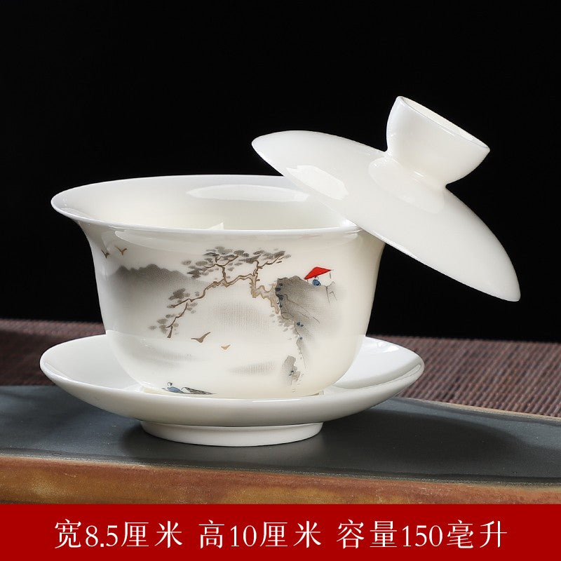 Sheep Fat Jade Porcelain Dehua Cover Bowl White Porcelain Blue and White Tea Set