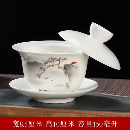 Sheep Fat Jade Porcelain Dehua Cover Bowl White Porcelain Blue and White Tea Set
