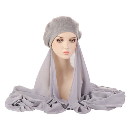 Women's Beret Hat Chiffon Scarf Instant Hijab Shawls Wrap Headsacrf Bandana Caps