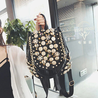 Personalized Single Shoulder Bag Rivet Button Bucket Chain Bag Tassels Backpack