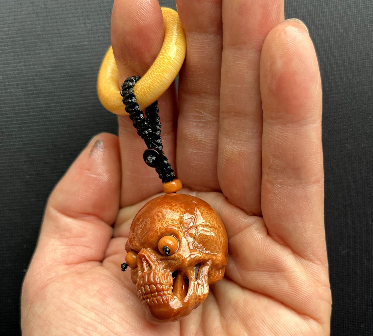 Olive Nut Carved Skull Bead Necklace Buddhist Mala Artisan Handmade Rosary