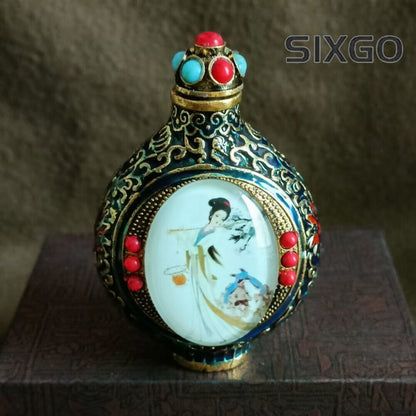 chinese carved snuff bottle Inlaying Sexy Woman enamel Painted glow-in-the-dark