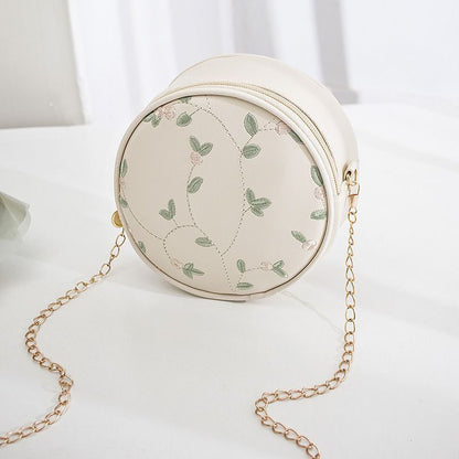 Sweet Lace Round Handbags Synthetic Leather Crossbody Bags Small Flower Chain