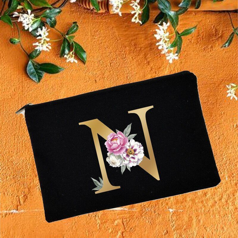 Makeup Bag Floral Alphabet Print Cosmetic Case Bridal Party Pouch Purse 14*22 CM