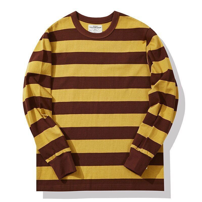 280g Heavyweight Cotton Striped Long Sleeve T-Shirt Men Autumn Navy Thick Tops