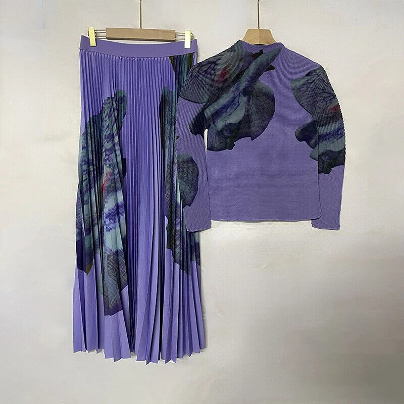 Spring Miayke Long Sleeve Women'S T-Shirt Bottomed Blouse+Pleated Skirt