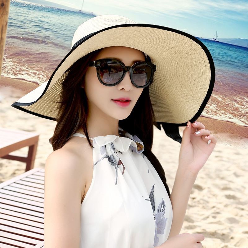 Outdoor Seaside Woman Fashion Big Bow Large Brimmed Cap Foldable Straw Hat