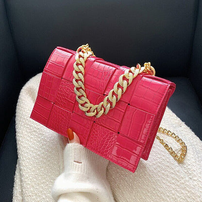 Pattern Pu Leather Bag Women Gold Chain Woven Square Bag Evening Party Clutch