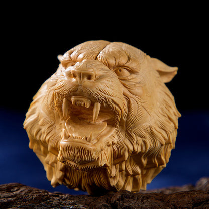 WOODEN BOXWOOD HANDMADE TIGER HEAD STATUE NETSUKE COLLECTION HAND PIECE