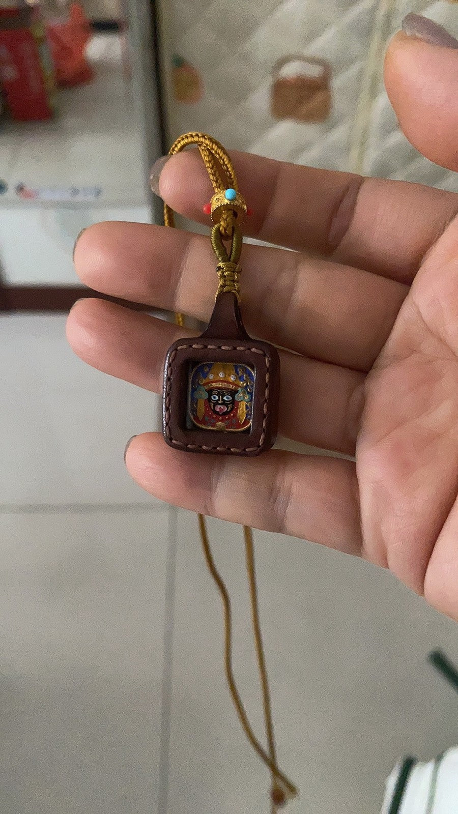 Hand-Painted Thangka 2.0 Zajilam Pendant Mini Necklace Leather Sewn