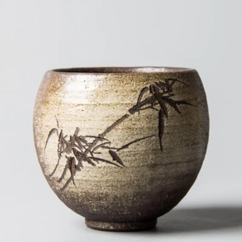Hand-carved Pottery Bamboo Cups Chrysanthemum Zen Tea Cup Set Teaware Bowl