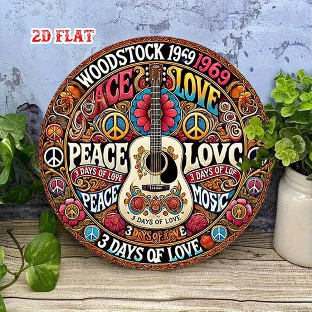 Vintage 1960s-70s 8x8 Tin Sign Peace Love Music Retro Wall Art for Home Bar Cafe
