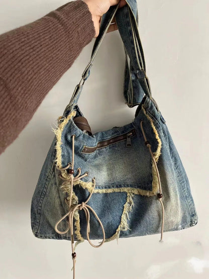 Washed Denim Jeans Totes Women Shoulder Bags Student Shopping Bag Handbags