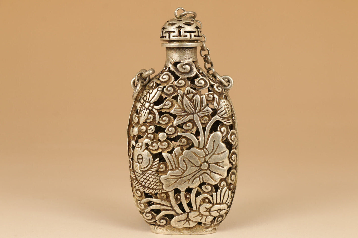old tibetan silver hand carved hollow out fish lotus statue snuff bottle pendant