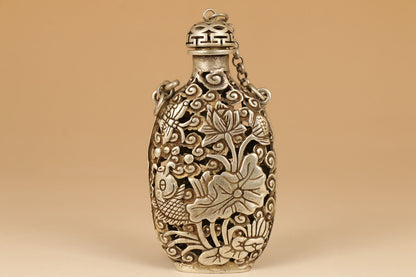 old tibetan silver hand carved hollow out fish lotus statue snuff bottle pendant