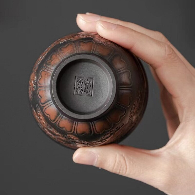 handmade tea cup yixing zisha purple pottery kungfu tea cup dragon pheonix carve