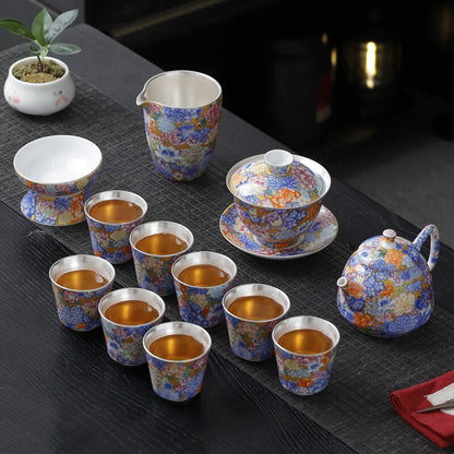 Enamel Craft Complete Tea Set Pure Silver Porcelain Gaiwan Tea Pot Cup Pitcher