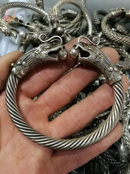China Old Handwork Tibet Silver Carve dragon Adjust Pair Bracelet