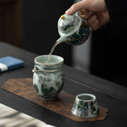 999 Sterling Silver Tea Set Ceramic Gaiwan Tea Pot Dragon Print Pitcher Tea Cups