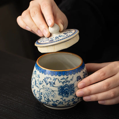 Ru Kiln Blue and White Entangled Lotus Tea Jar Household Storage Jar Tea Set