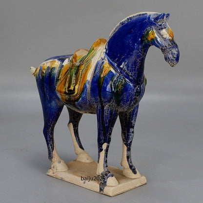 9" Chinese Tang Tri-Color Glazed Ceramics Blue War Horse Porcelain Statue Gift