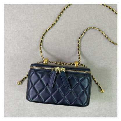 Quilted Lambskin Leather Vanity Case Clutch Pouch Chain Crossbody Box Bag Purse
