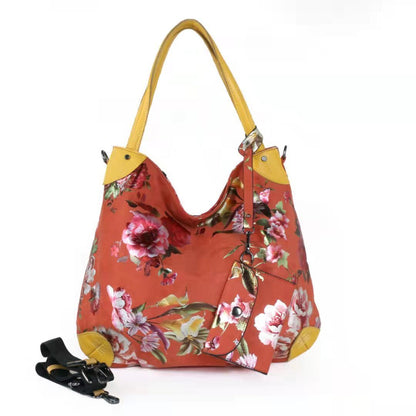 Real Leather Canvas Fashion Bags Flower Printing Leisure Stylish Handbags Purses