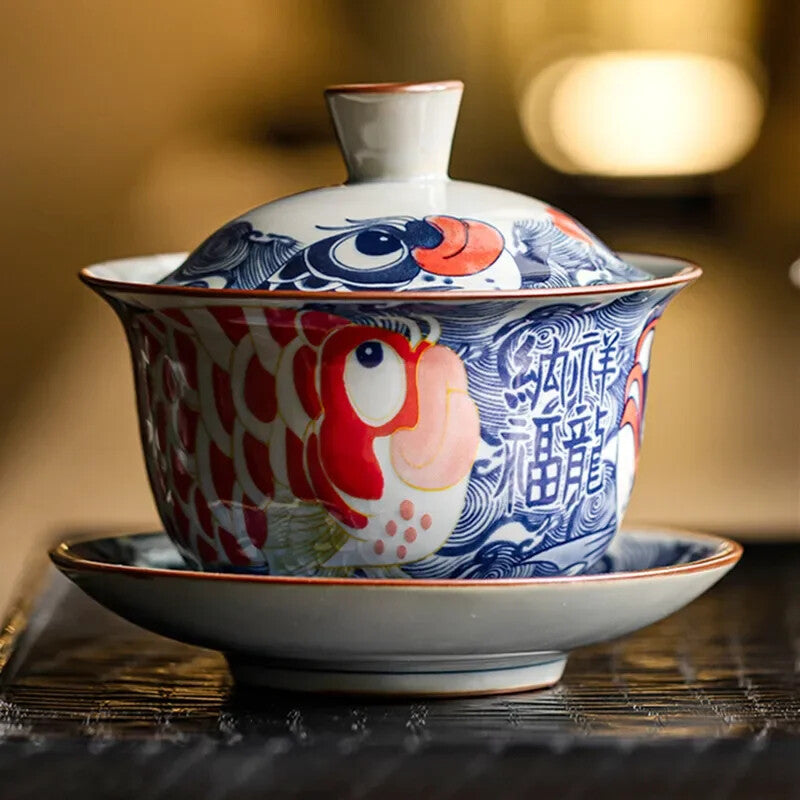 Chinese Blue and White Ceramic Tea Tureen Handmade Fish Gaiwan